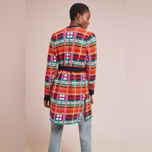 Anthropologie Moth Williston Plaid cardigan colorful knit tie waist coat sweater - Picture 6 of 12